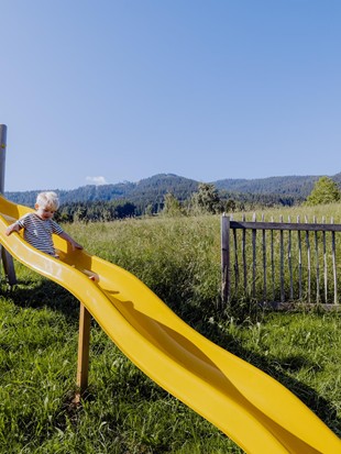 Ein kleiner Junge rutscht im Sommer die Rutsche am Abenteuerspielplatz des Puradies hinunter, umgeben von grüner Landschaft.