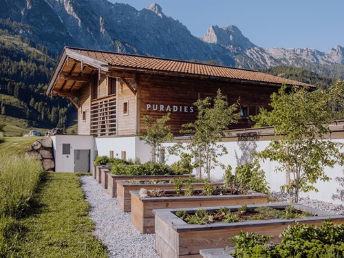 Kräuterbeete vor dem Saunahaus im Naturresort Puradies Hochbeete mit Kräutern vor dem Saunahaus des Naturresorts Puradies in Leogang.